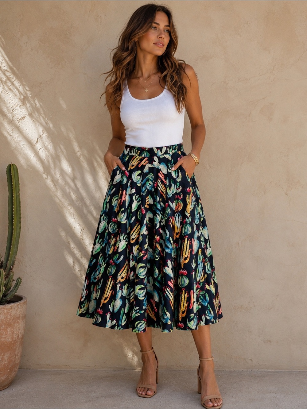 L.A. Soul Cactus Print Midi Skirt Colorful Southwest Novelty A-Line Pockets L*